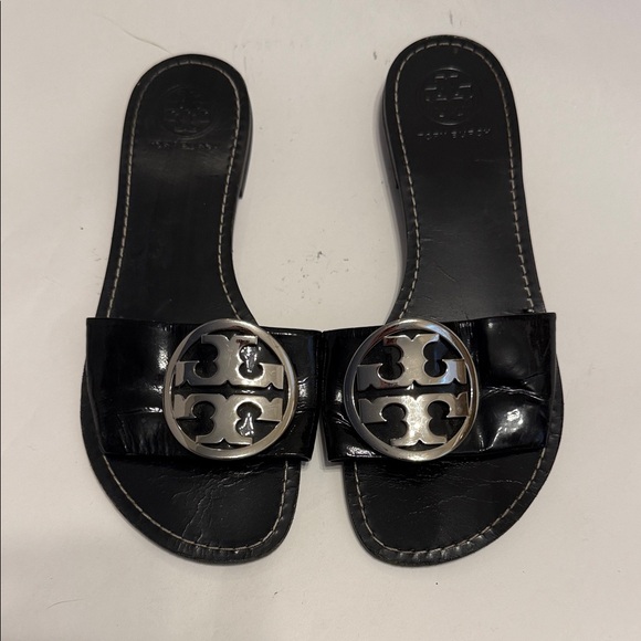 Tory Burch Shoes - Tory Burch Black Leather Sandals with Silver Logo